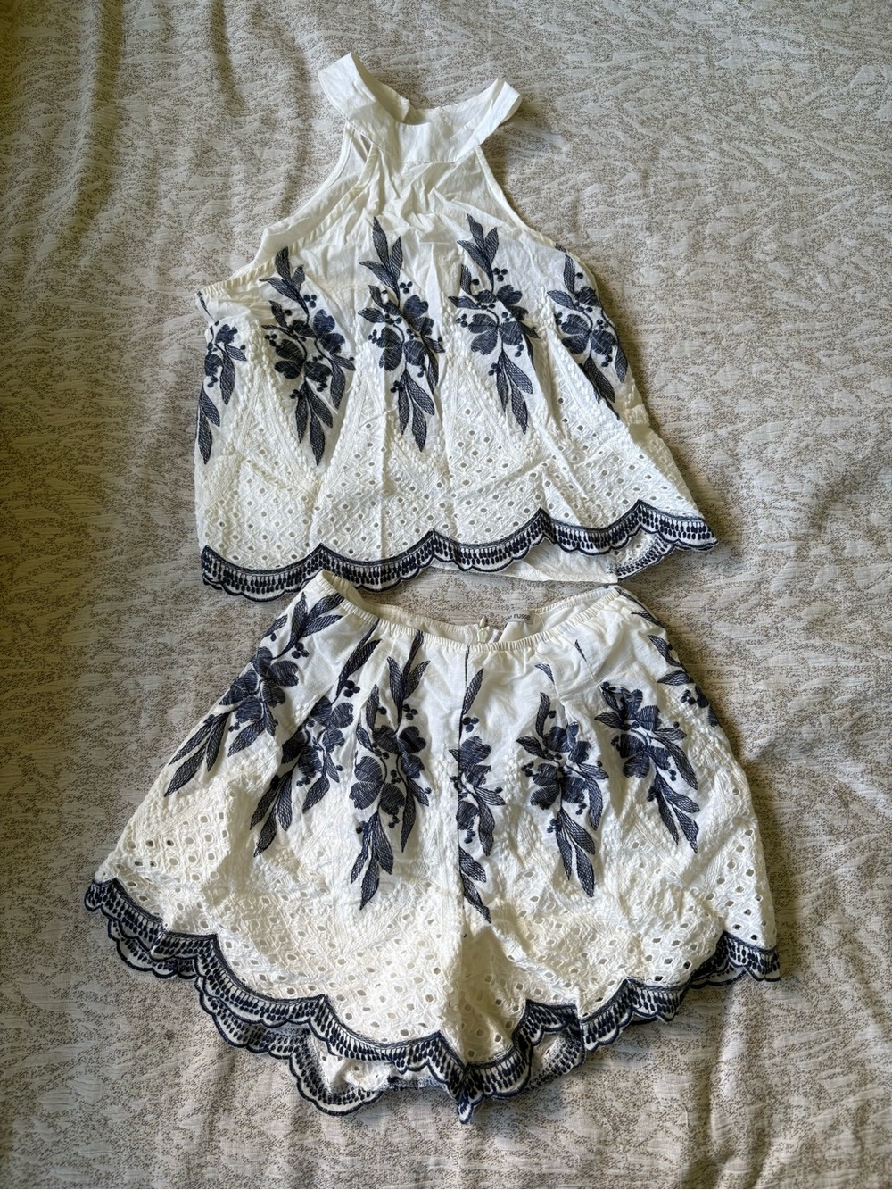 Charlotte Russe White Eyelet Two-Piece Romper Set with Navy Floral Embroidery